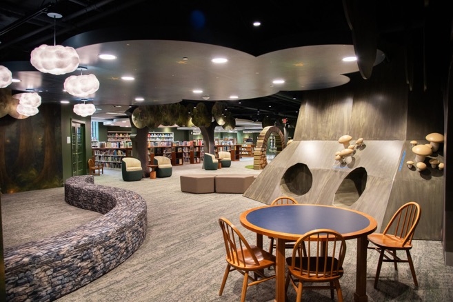 Plymouth District Library children's area with sculpted tree columns