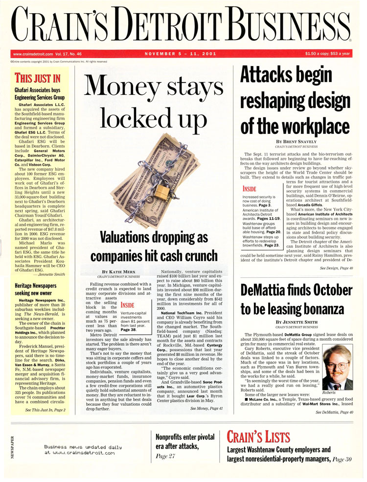 Crain's Detroit Business, November 5, 2001 — Special Section Real Estate cover